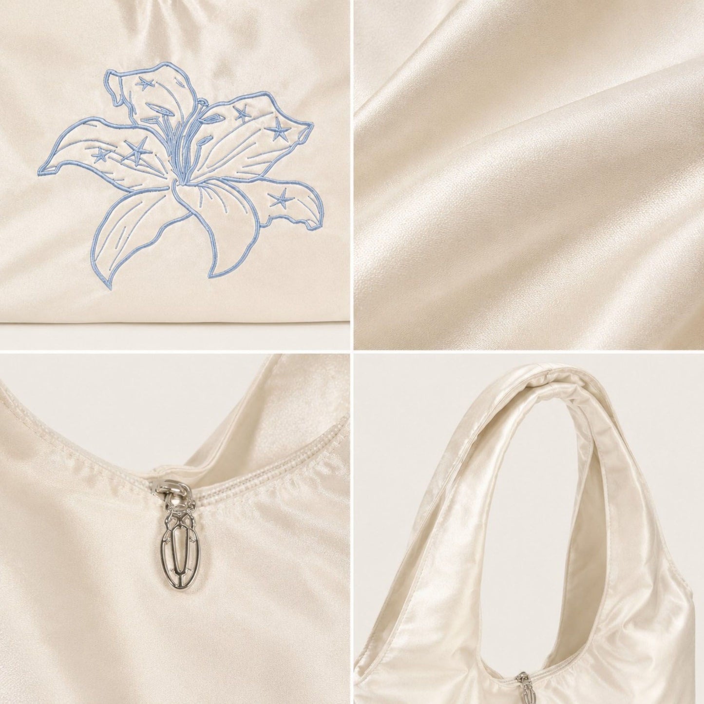 Satin Hobo Shoulder Bag with Embroidered Lily Detail