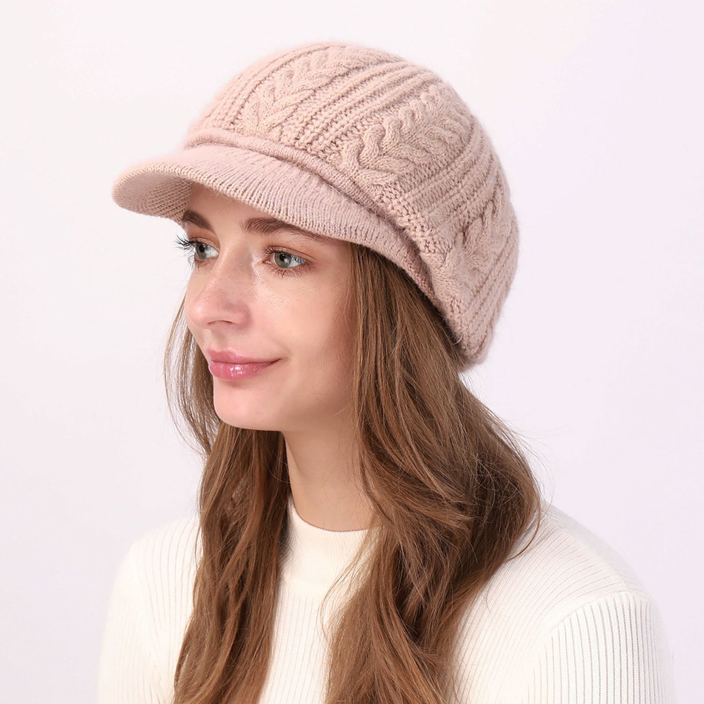Cable Knit Brim Beanie Faux Fur Lined Warm Winter Hat