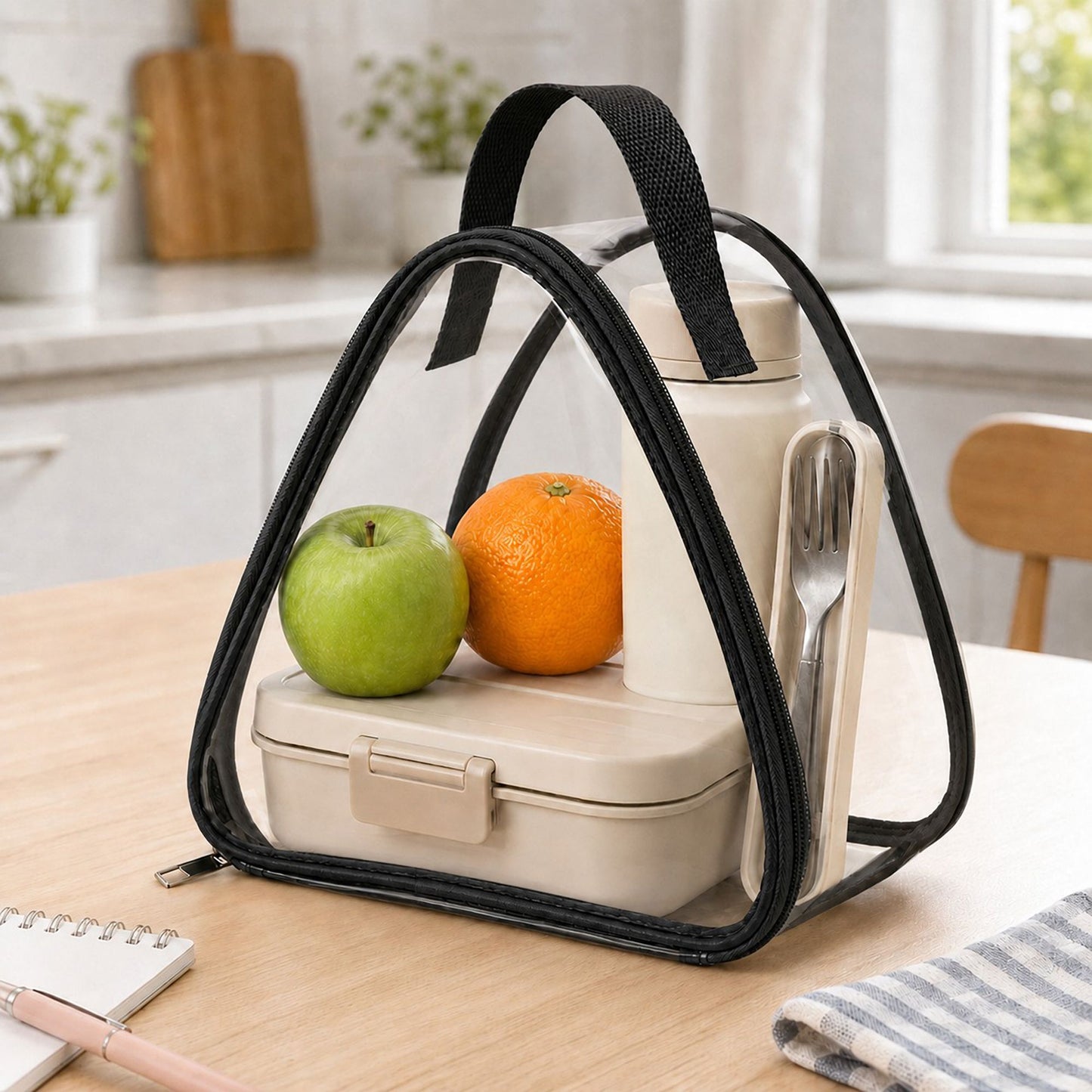 Clear Triangular Lunch Bag with Zipper Closure and Top Handle
