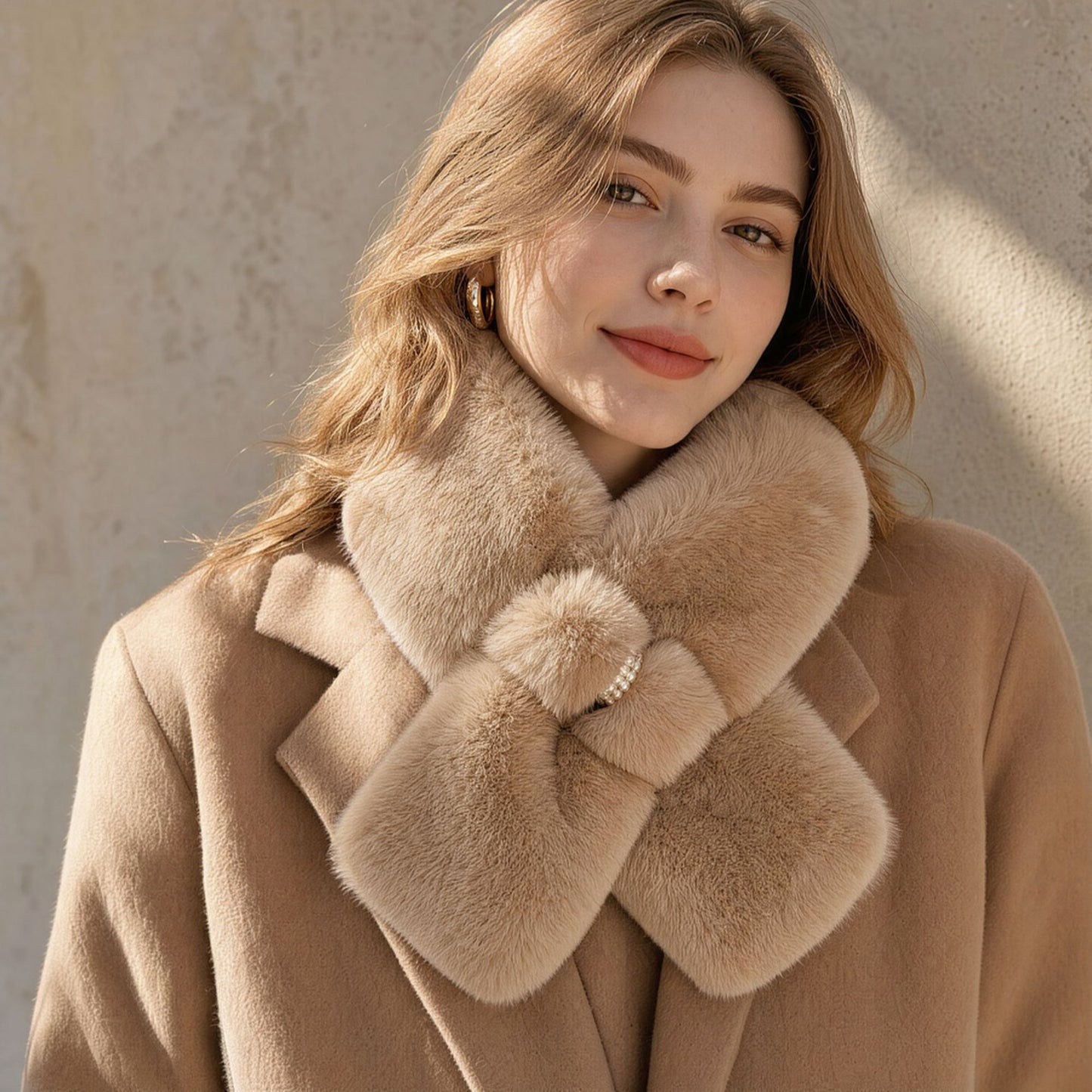 Plush Faux Fur Pull Through Scarf Soft Winter Neck Wrap with Jeweled Accent 31.5*4.7 Inches