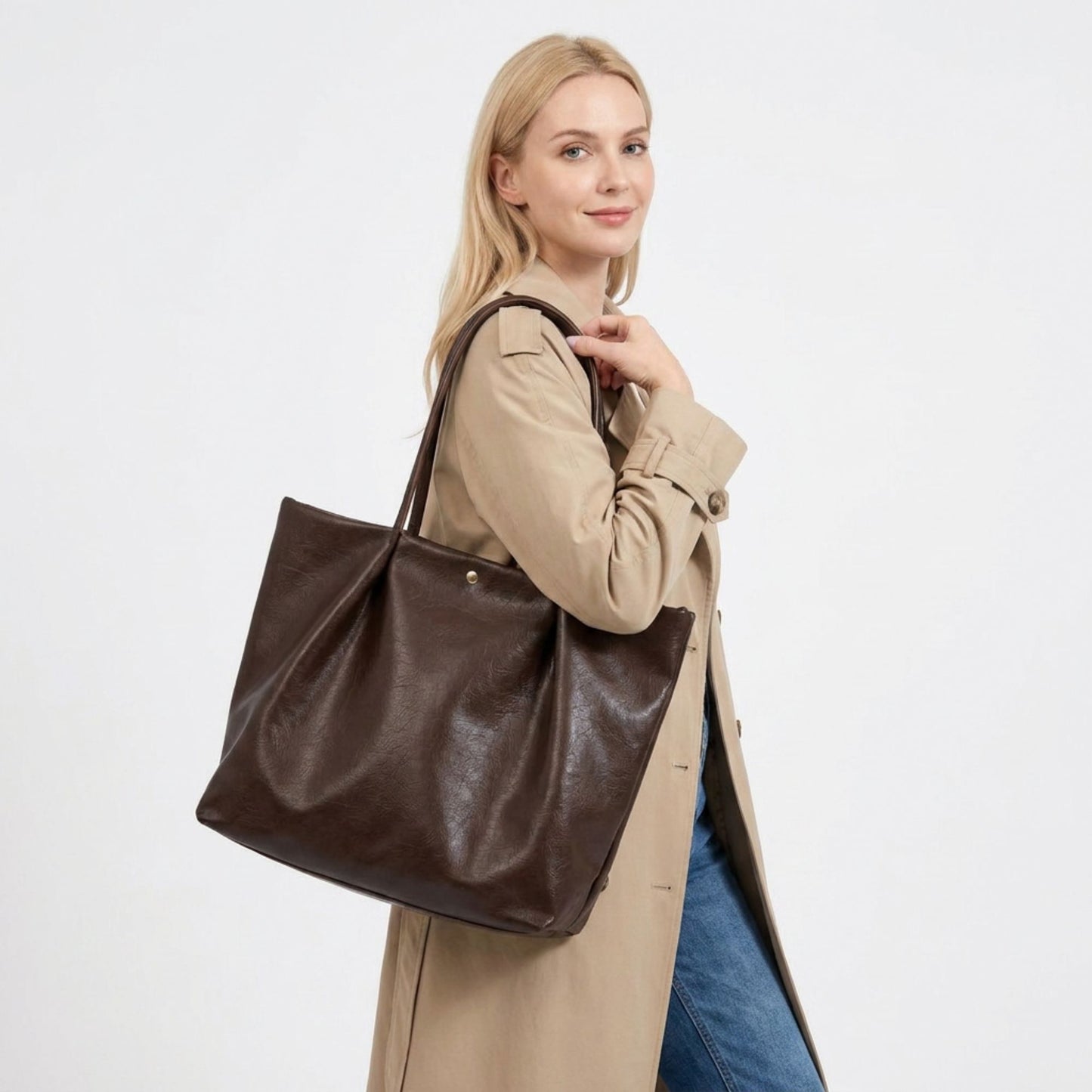 Large Capacity Pleated Faux Leather Shoulder Tote Bag for Work