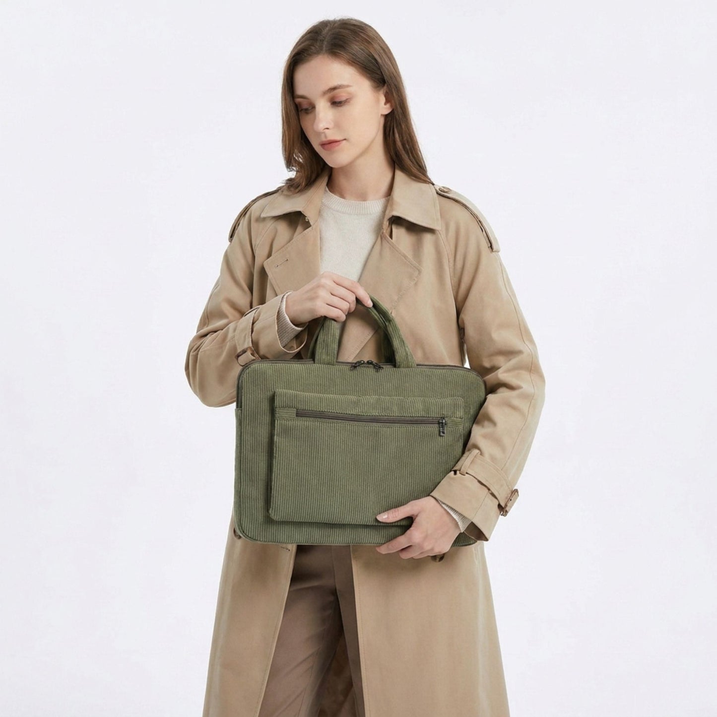 Corduroy Laptop Bag Large Capacity Work Tote with Front Zipper Pocket