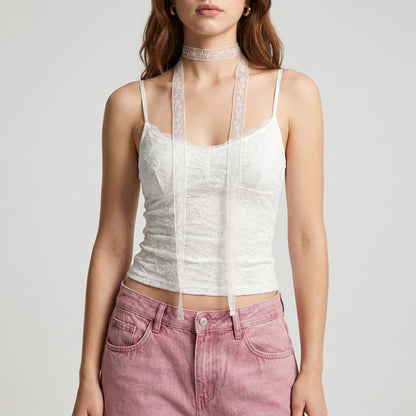 Sheer Embroidered Skinny Scarf with Vine Detail and Long Neck Tie Design
