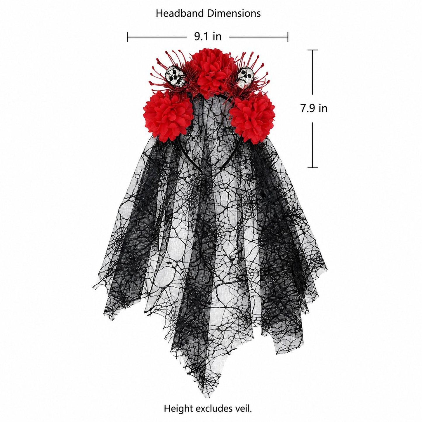 Halloween Floral Skull Headband with Spiderweb Lace Veil