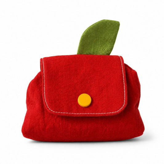 Apple-Shaped Mini Coin Purse Keychain with Snap Flap, Leaf Accent and Compact Earbud Card Storage Pouch