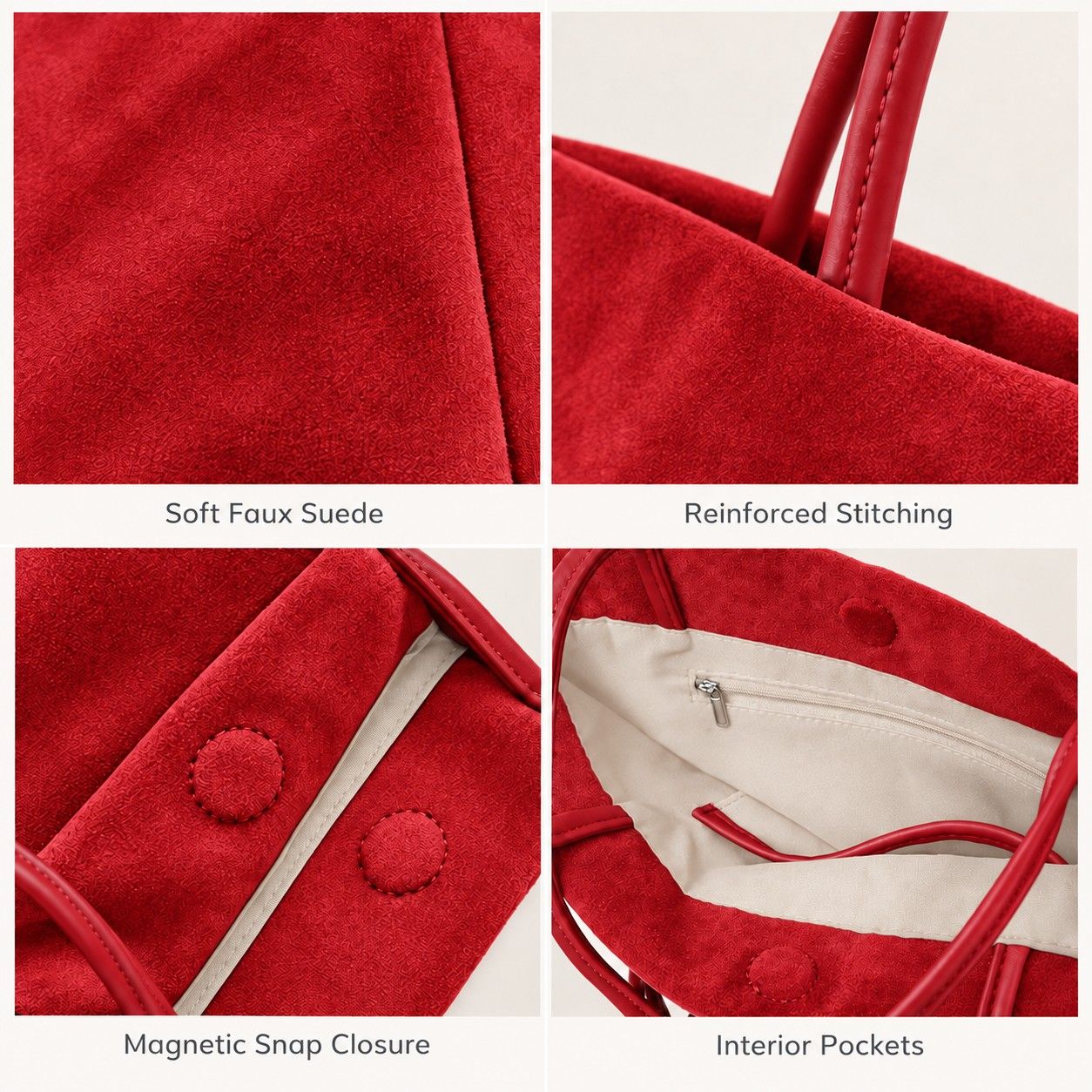 Faux Suede Tote Bag with Double Shoulder Handles Magnetic Closure and Interior Pockets