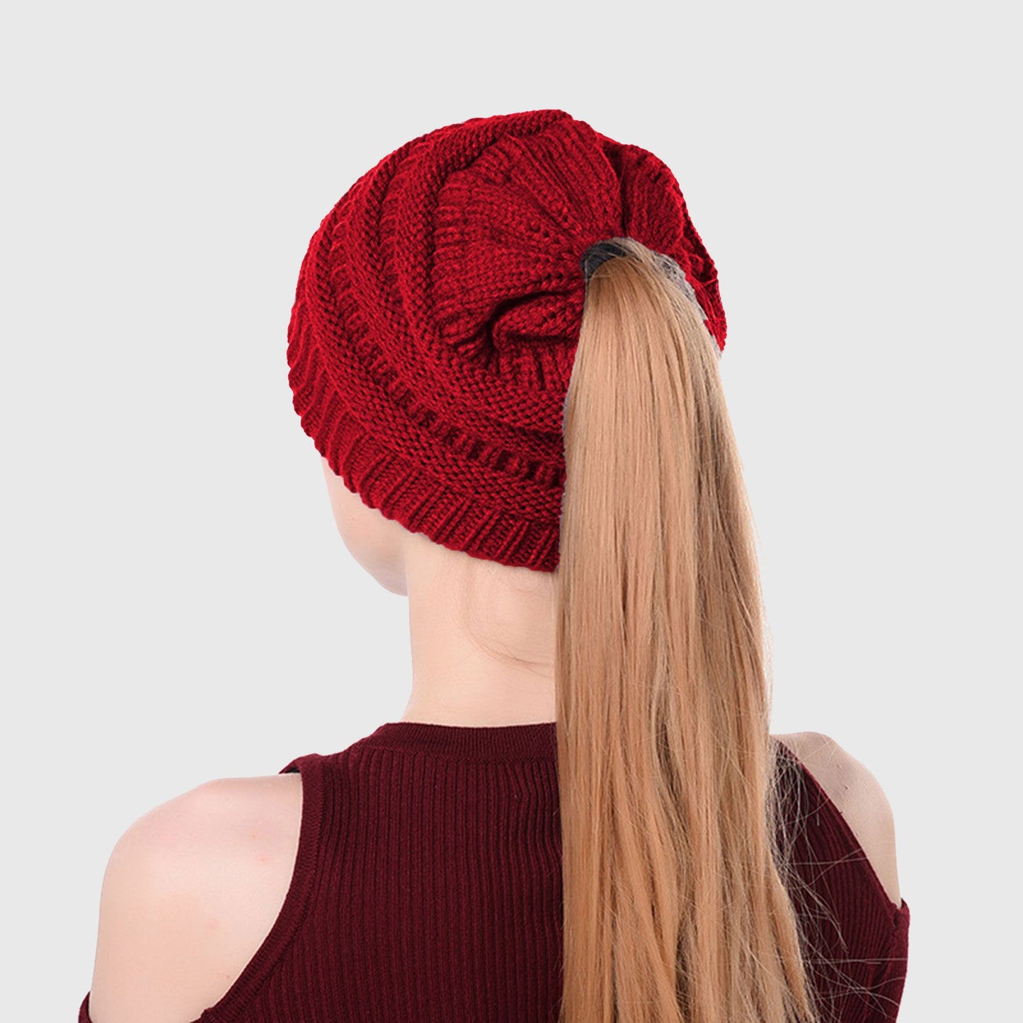 Ponytail Beanie Hats - Acrylic Knit Stretchable Messy Bun Skull Cap for Winter & Casual Wear