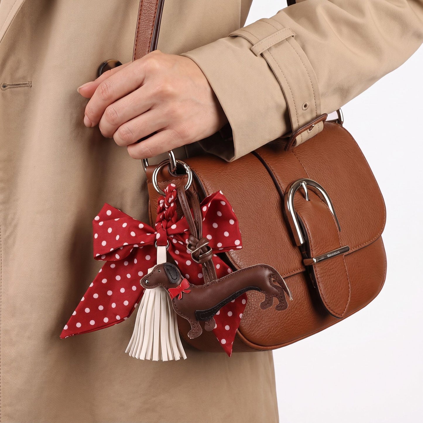 Dachshund Bag Charm with Polka Dot Bow Tassel and Key Ring