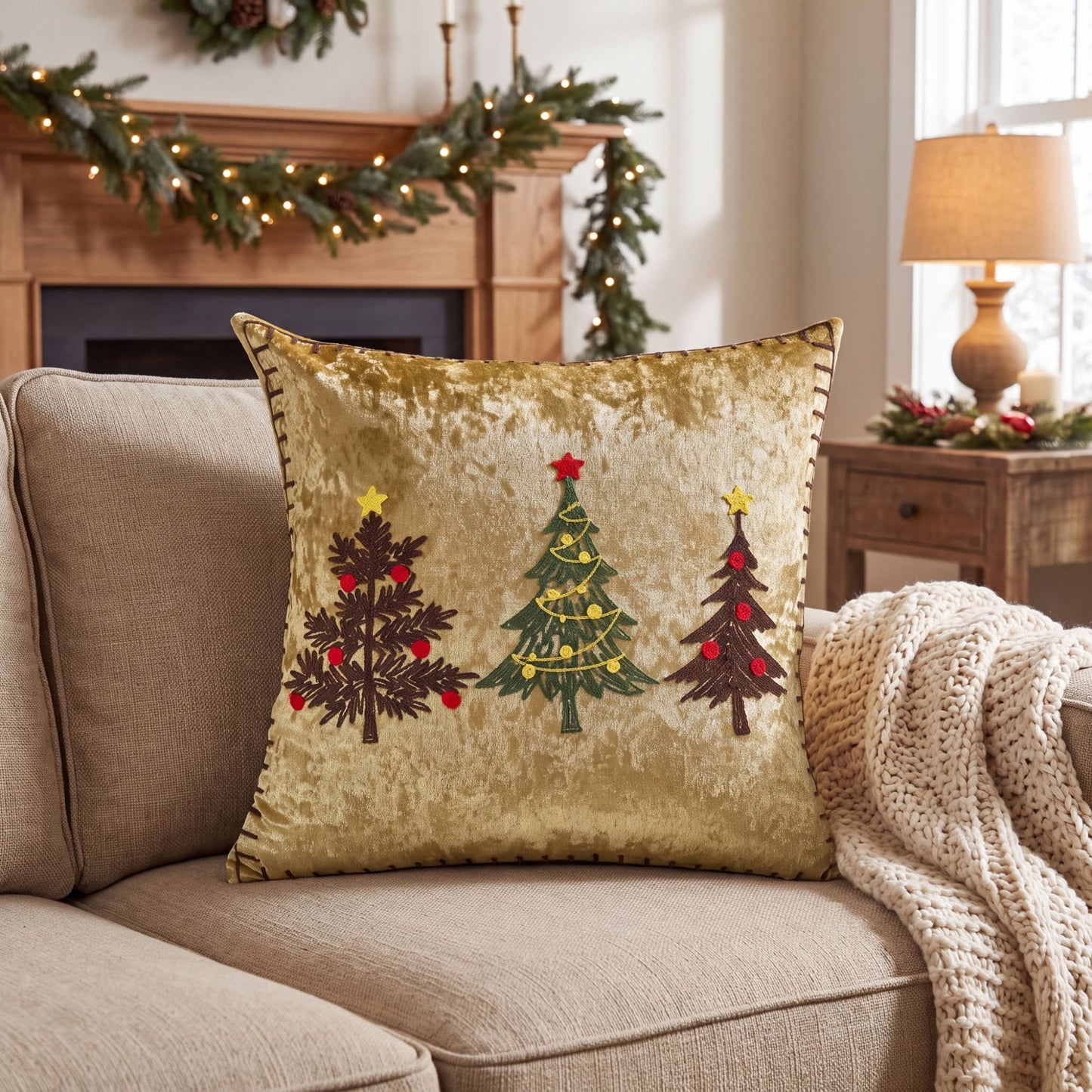 Christmas Reindeer Embroidered Velvet Throw Pillow Cover Gold Holiday Decor