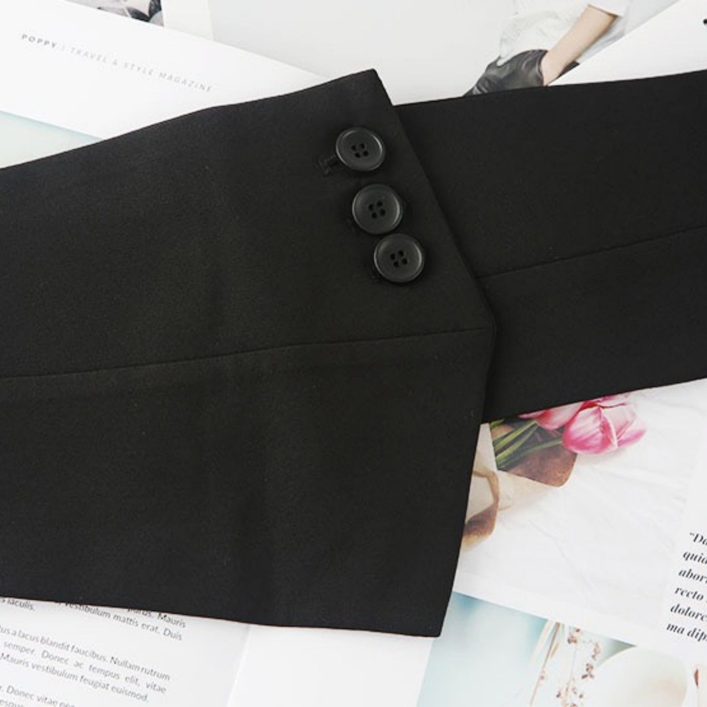 Structured Asymmetrical Wide Waist Belt with Overlapping Panel Design and Decorative Button Accents 7.5x31.5in