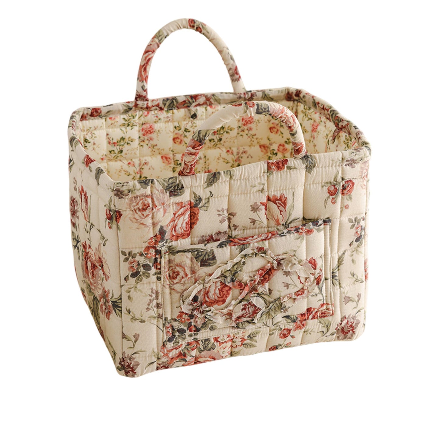 Fabric Storage Basket Quilted Cotton Organizer Bin with Floral Print Decorative Storage