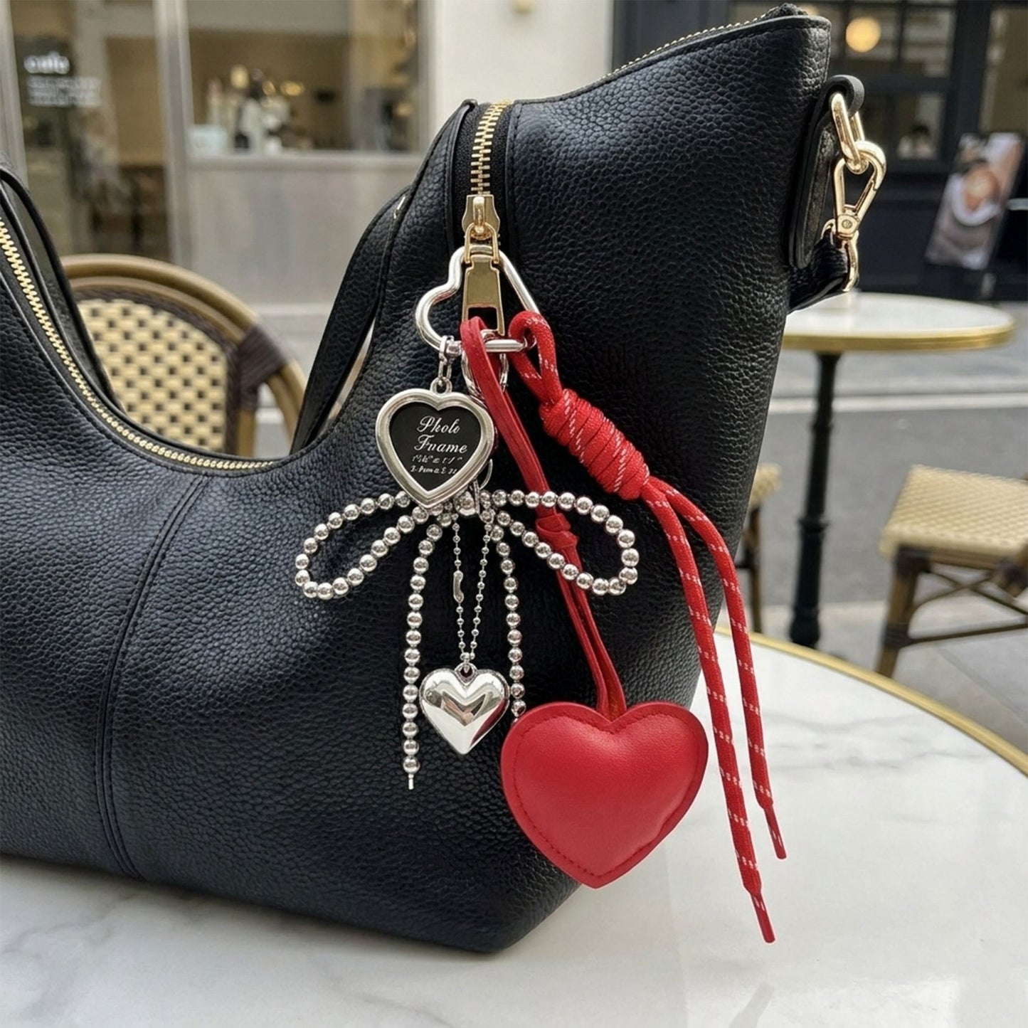 Heart Bag Charm Keychain with Beaded Bow Accent Clip and Faux Leather Heart Pendant