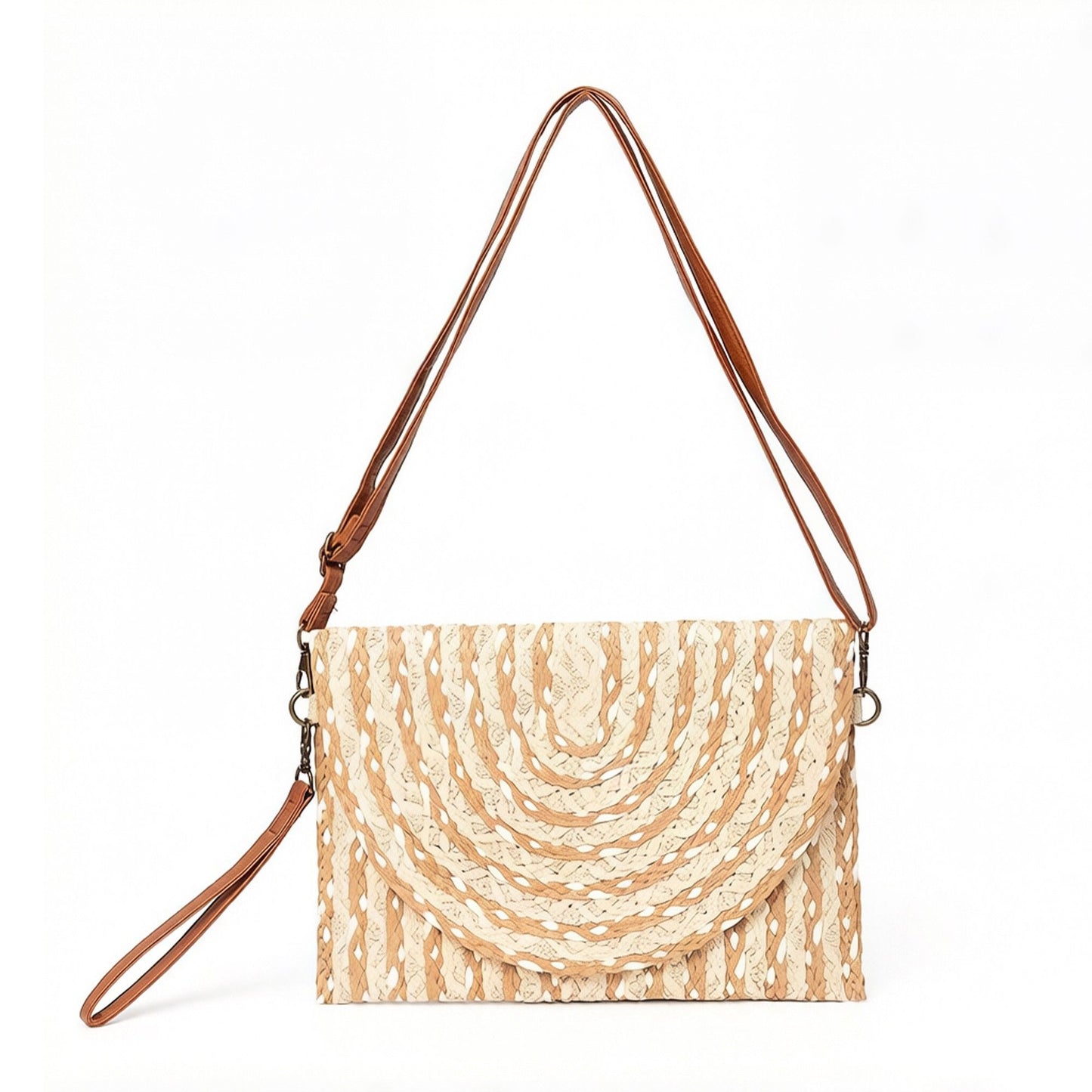 Woven Straw Crossbody Clutch Bag with Flap Closure Adjustable Strap Lightweight Shoulder Handbag