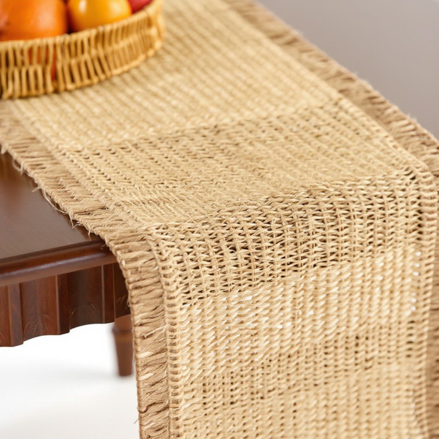 Textured Woven Table Runner with Fringe Trim and Neutral Stripe Pattern 47x11.8 in