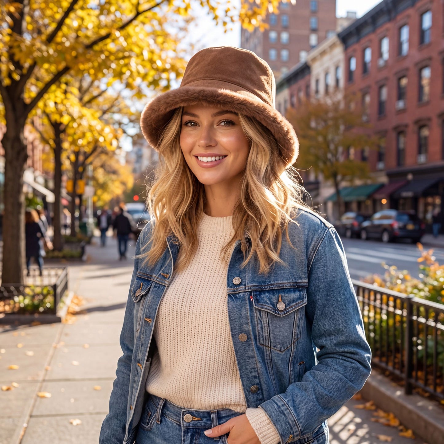 Faux Suede Bucket Hat with Faux Fur Trim Winter Hat