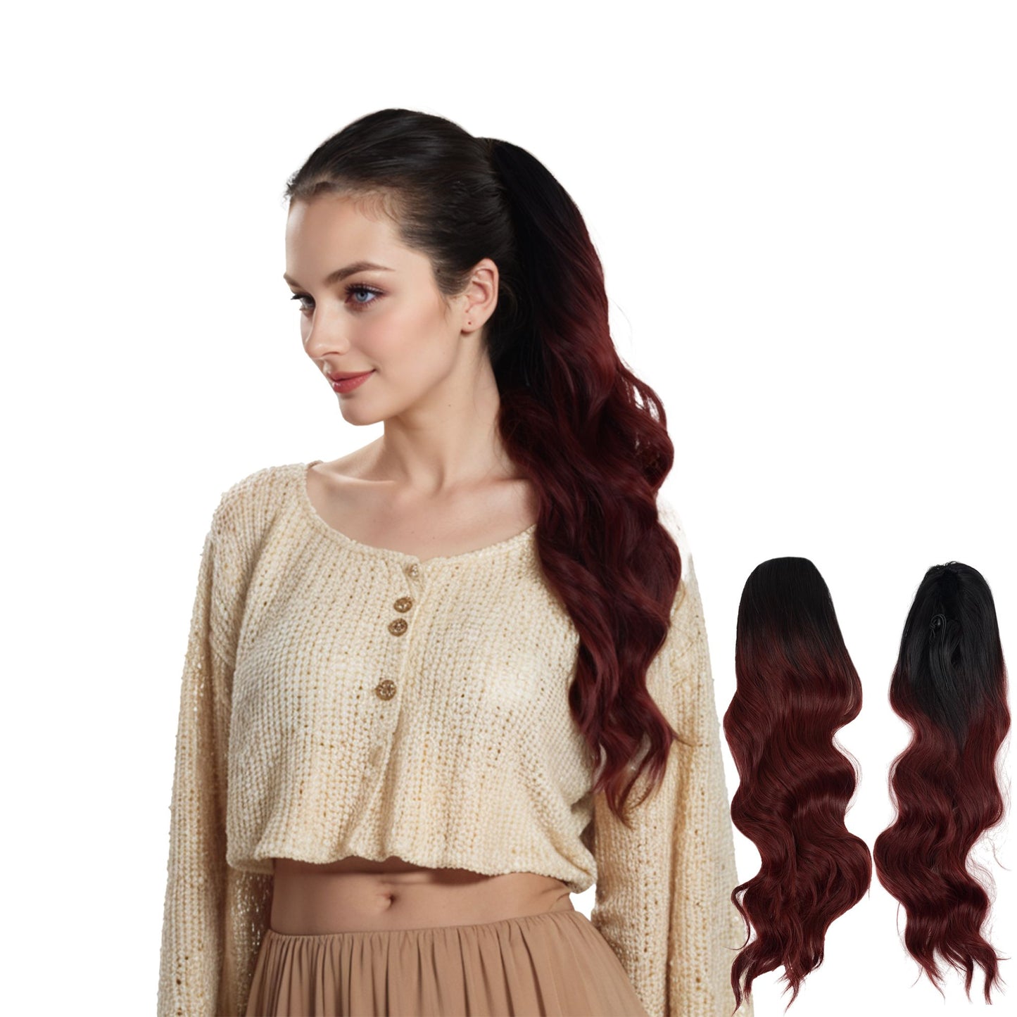 Long Drawstring Ponytail Hair Extension Wave 22 Inch Synthetic Fake Layered Pony Tail Hairpieces for Women