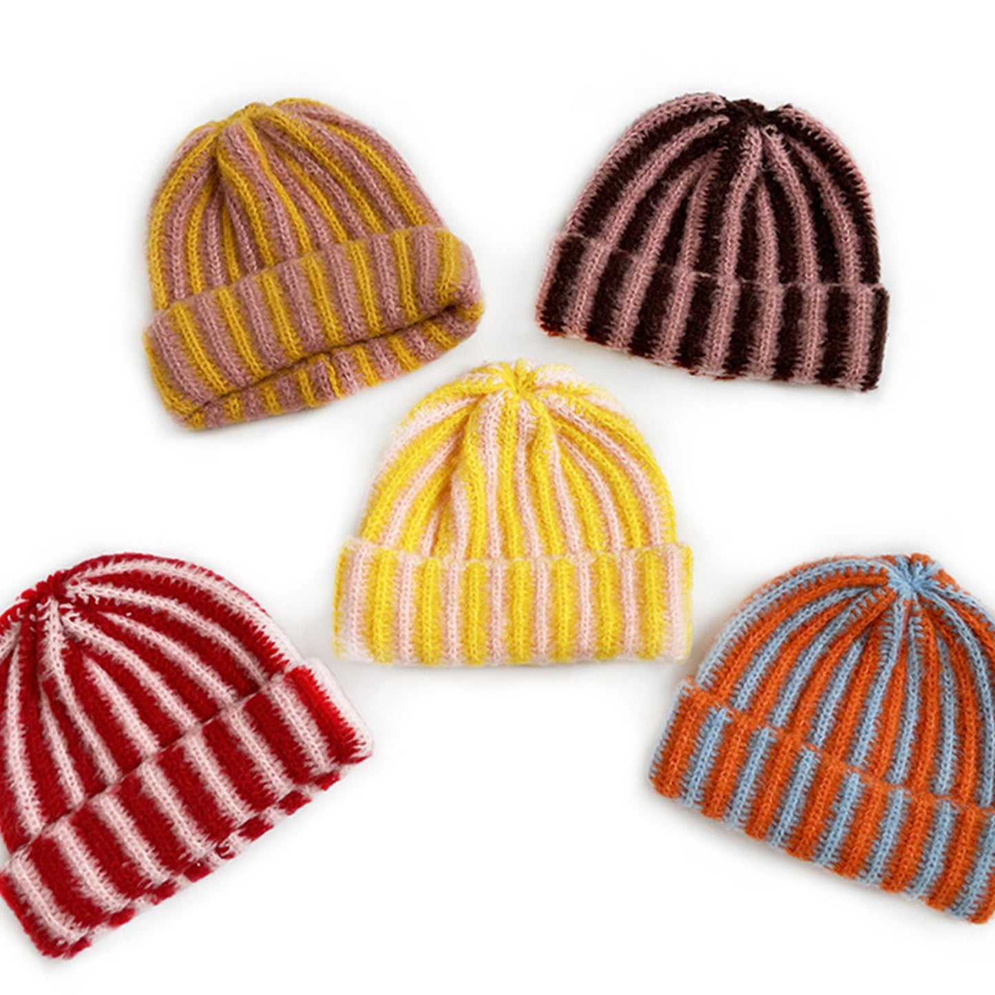 Knit Beanie with Colorblock Stripes and Folded Cuff Winter Hat