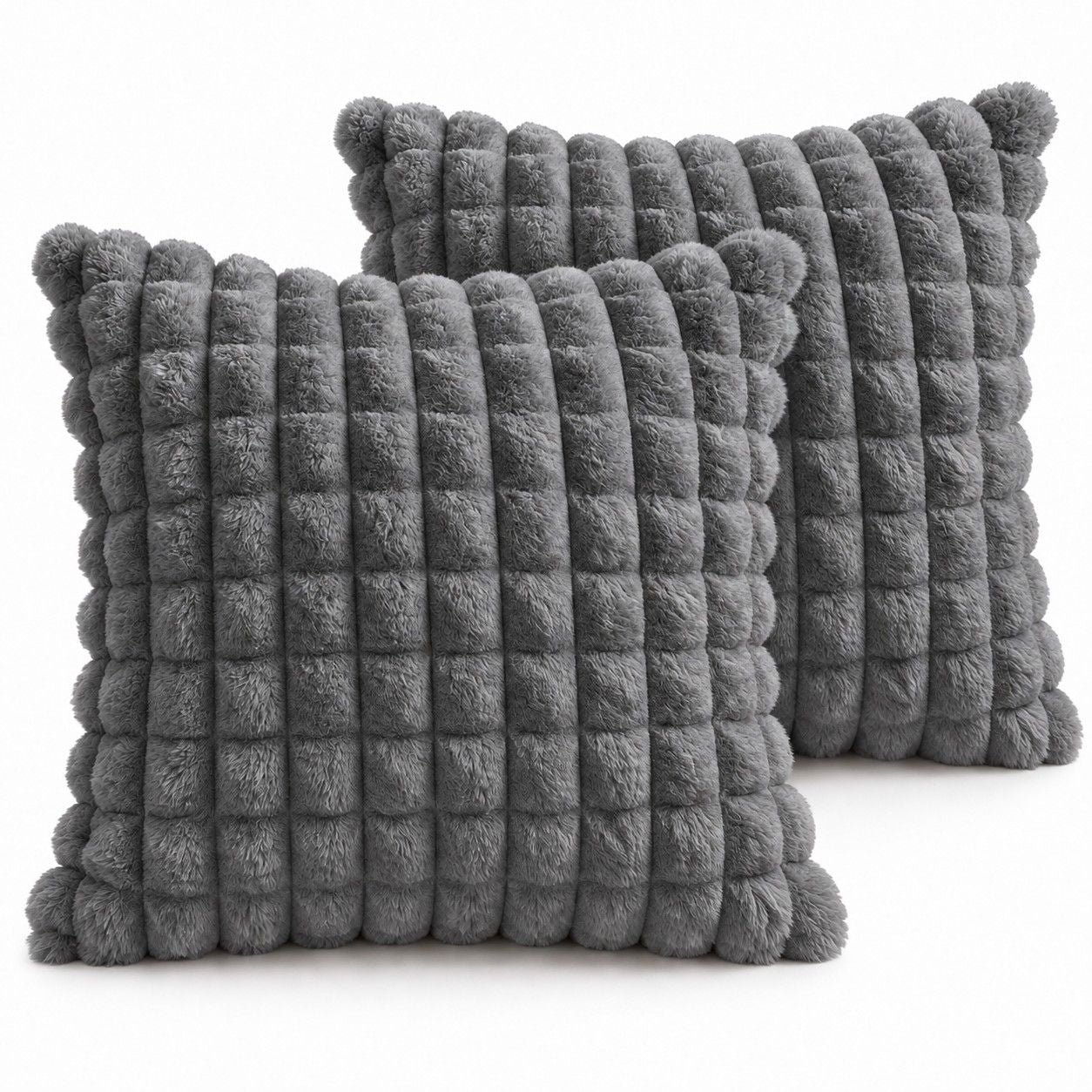 2 Pack Plush Faux Fur Bubble Grid Throw Pillow Covers 18 x 18 Inch for Couch and Bed