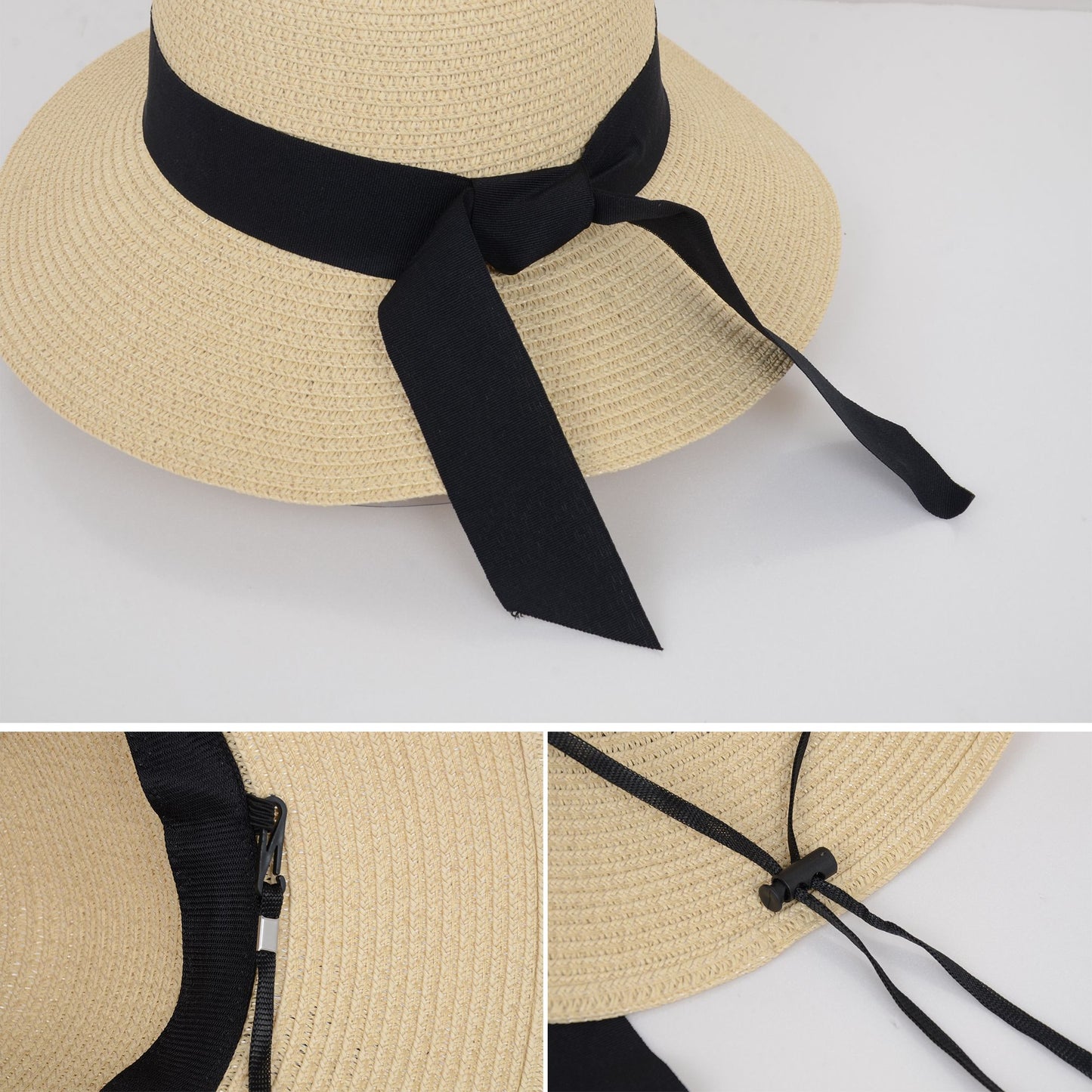 Wide Brim Straw Sun Hat with Black Ribbon Bow Adjustable Chin Strap Inner Sweatband for Outdoor and Travel Use