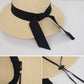 Wide Brim Straw Sun Hat with Black Ribbon Bow Adjustable Chin Strap Inner Sweatband for Outdoor and Travel Use