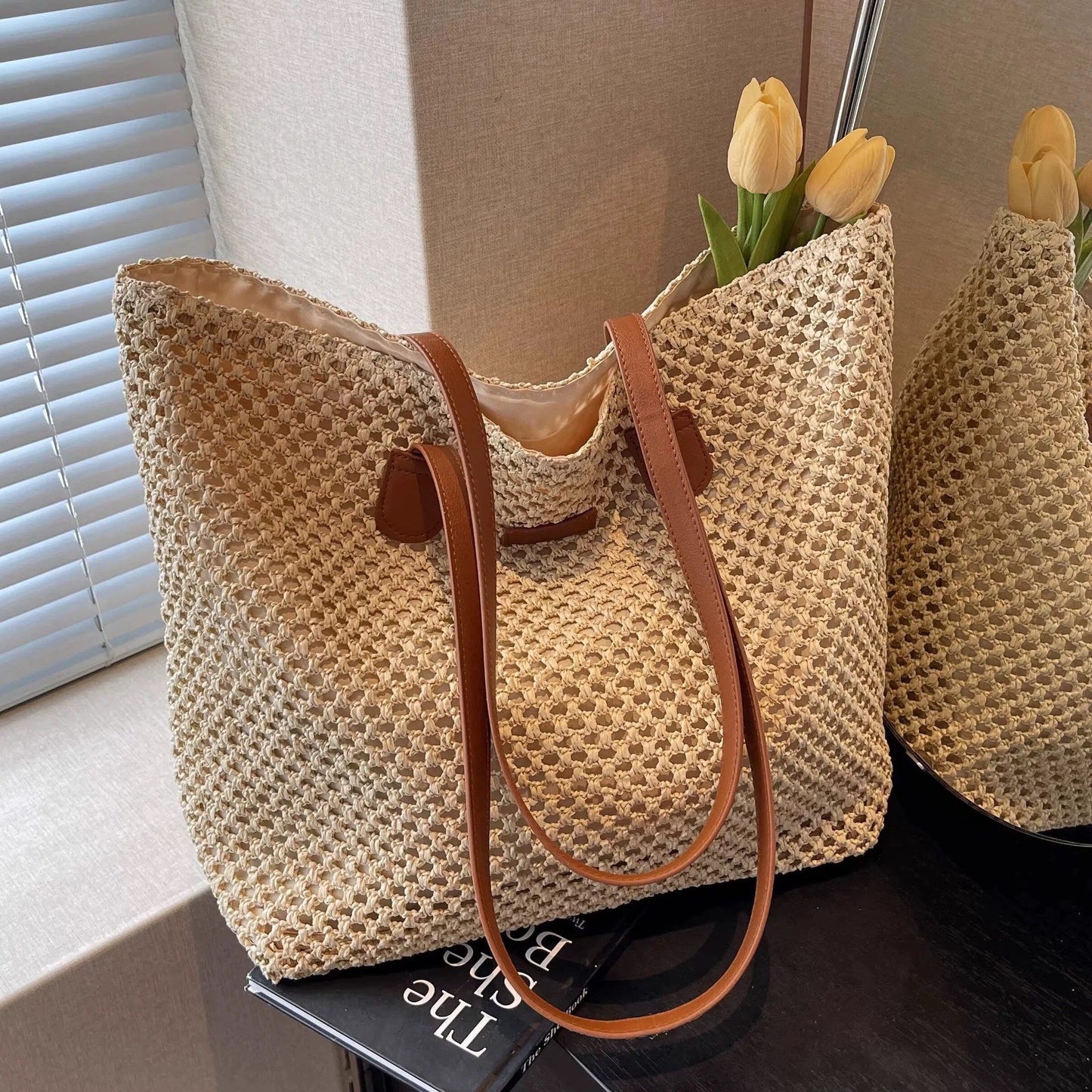 Woven Straw Tote Bag Faux Leather Handles Large Capacity Shoulder Handbag for Everyday Use