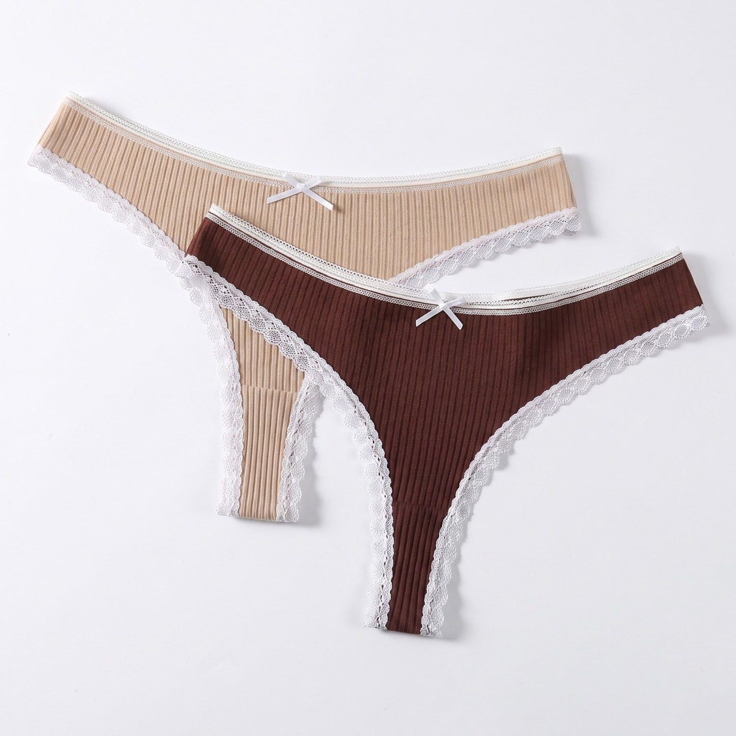 2 Pack Ribbed Lace Trim Thong Underwear