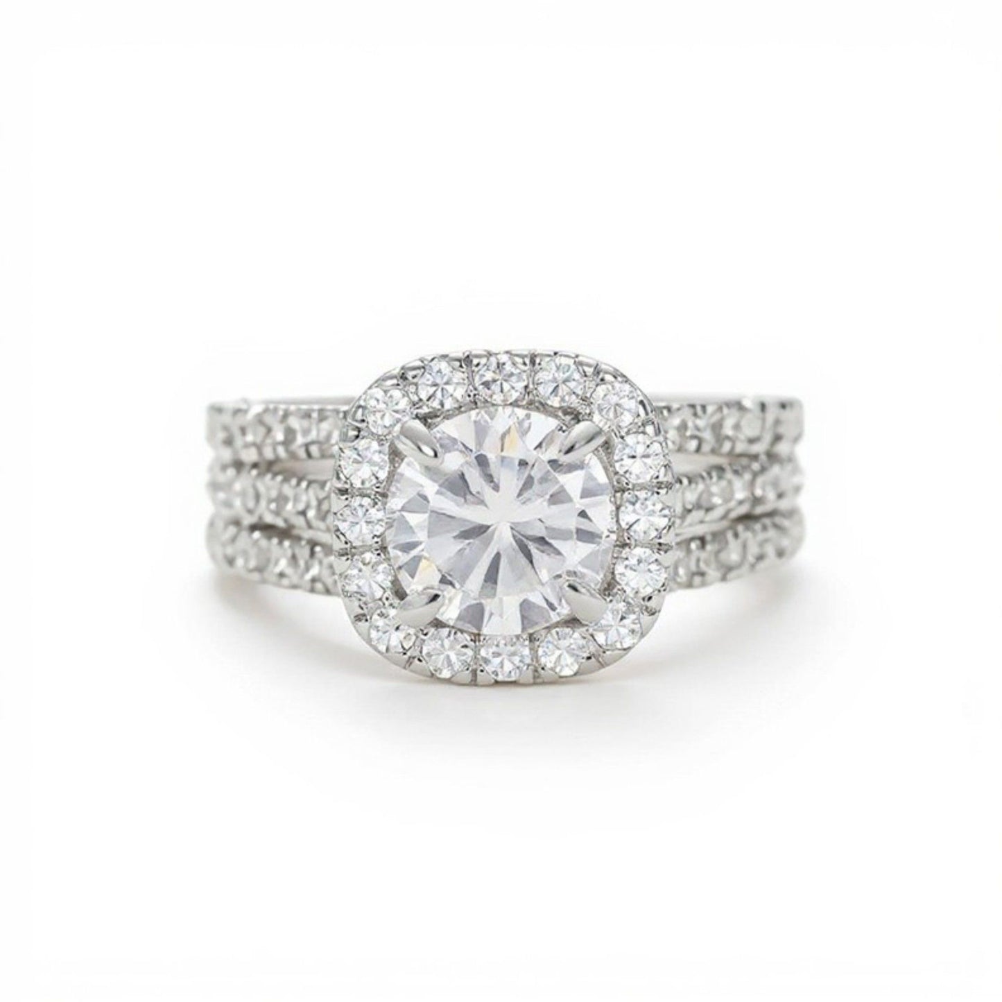 Women's Cushion Halo Engagement Ring with Round Cut Center Stone and Triple Band Design