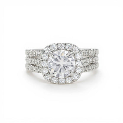 Women's Cushion Halo Engagement Ring with Round Cut Center Stone and Triple Band Design