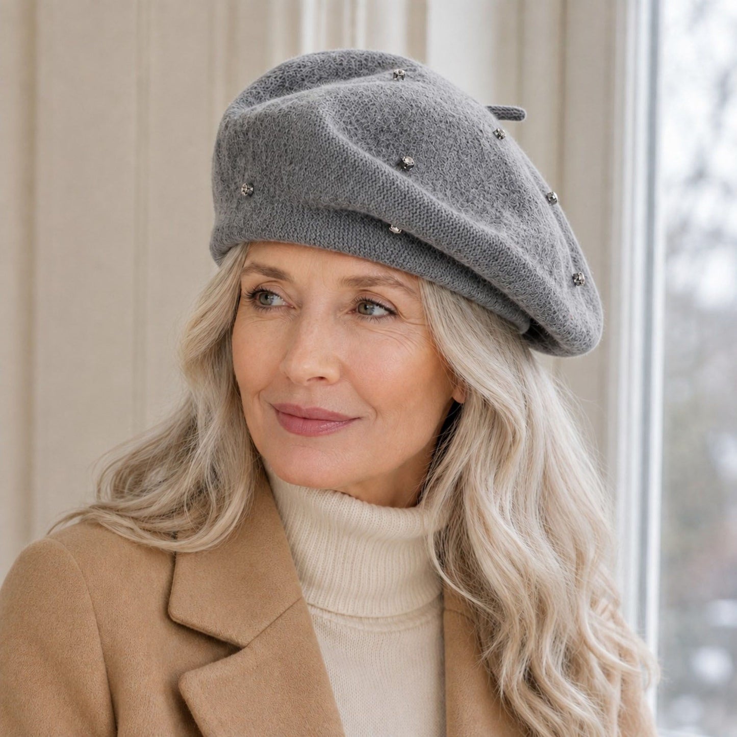 Rhinestone Studded Knit Wool Beret