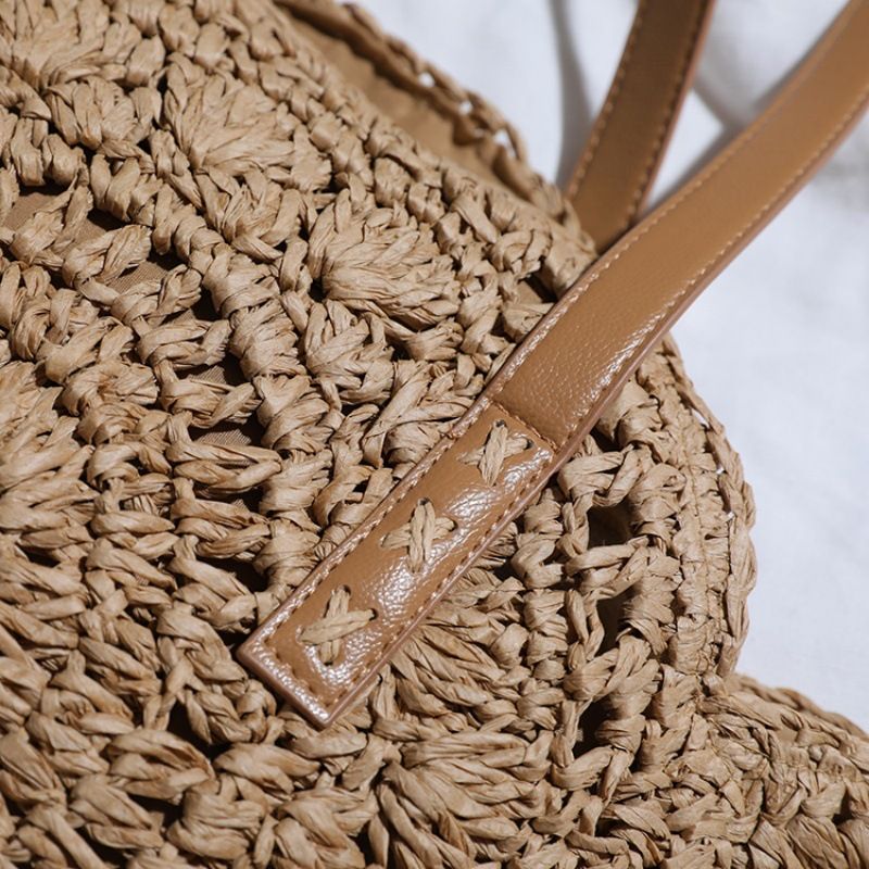 Round Woven Straw Tote Bag with Zip Closure Shoulder Handles and Slip Pocket