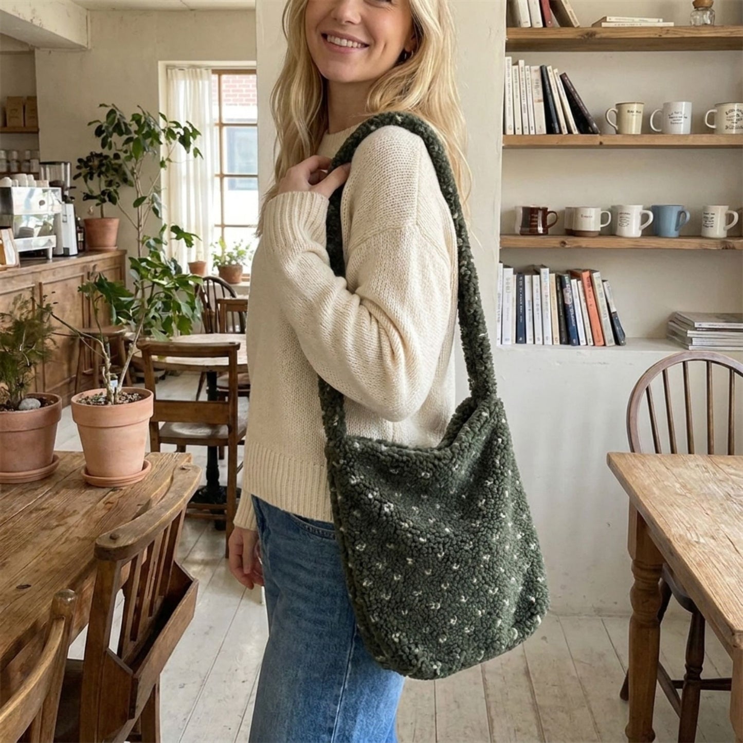 Fuzzy Shoulder Bag Soft Textured Tote Purse with Magnetic Closure