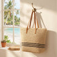 Woven Crochet Tote Bag with Striped Pattern Leather Shoulder Strap Lightweight Large Capacity Handbag