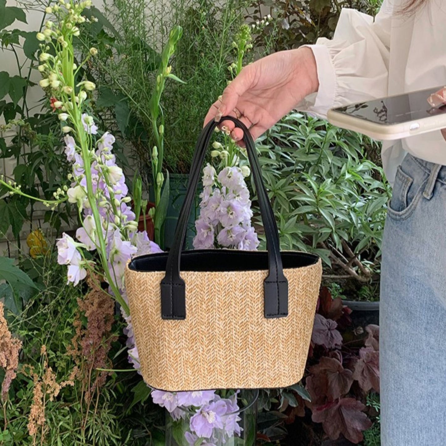 Summer PU Straw Woven Drawstring Handbag with Inner Zipper Pocket