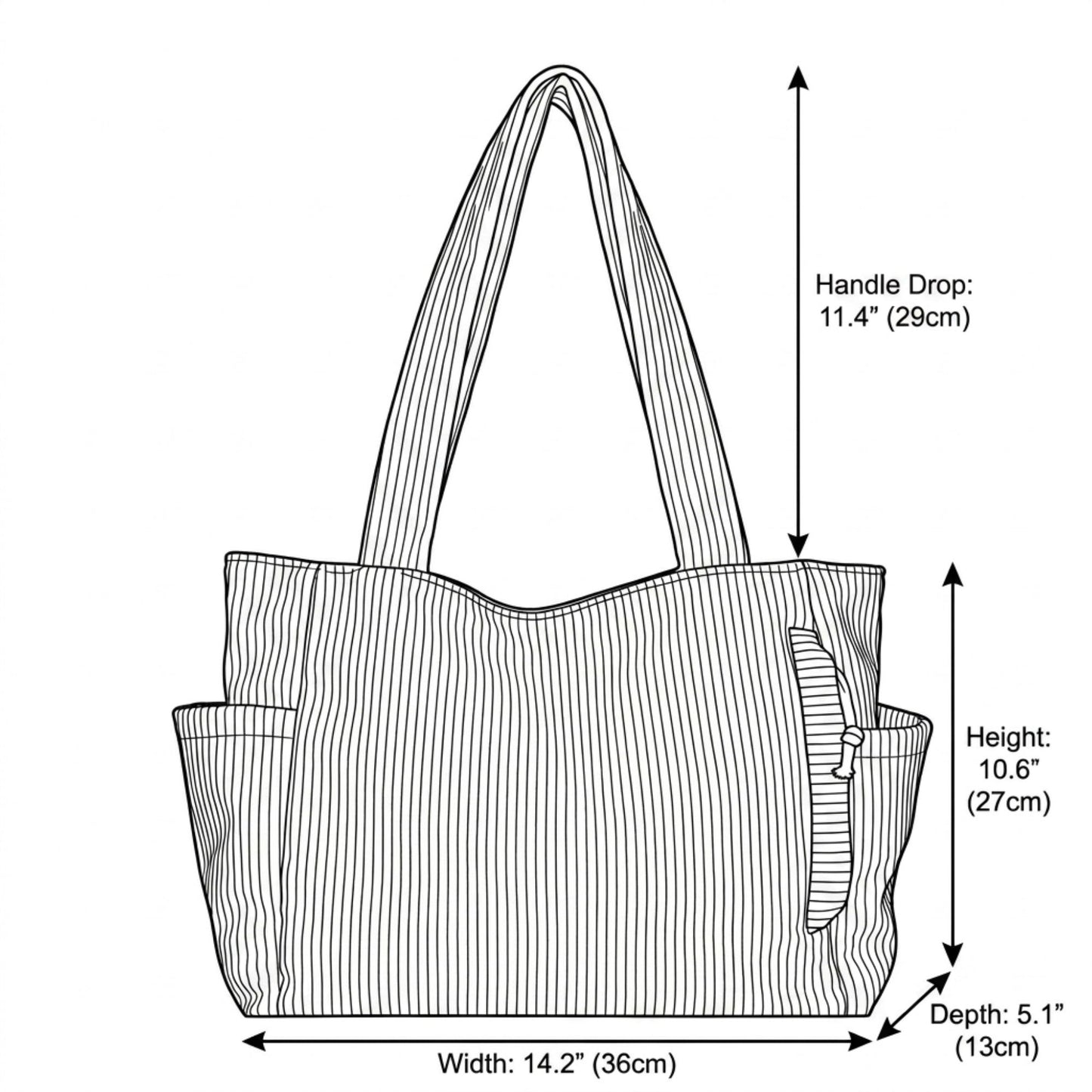 Corduroy Tote Bag Large Capacity Shoulder Bag with Side Pockets and Zipper Closure