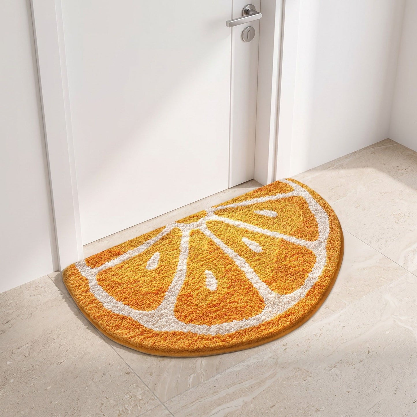 Kiwi Fruit Slice Plush Semicircle Bathroom Mat with Green Tufted Design