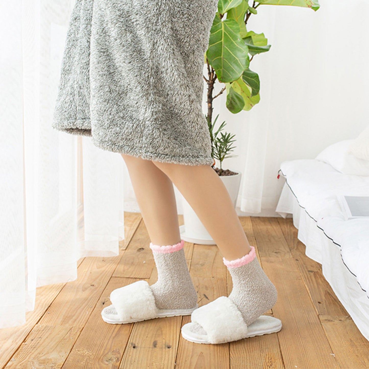 4-Pair Plush Cozy Fuzzy Socks with Contrast Cuffs for Winter Indoor Warmth