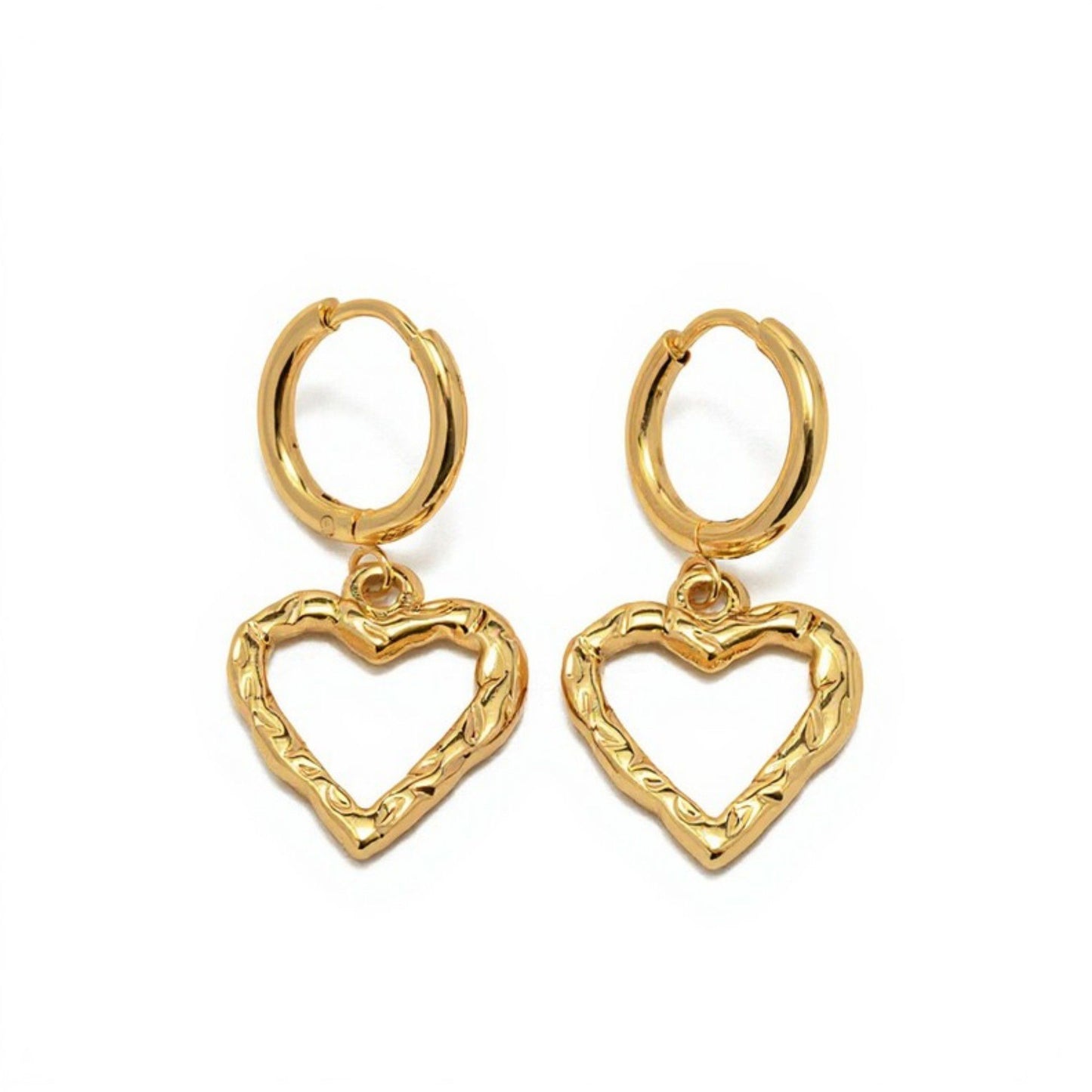 Heart Drop Hoop Earrings with Textured Open Heart Charm Feminine Jewelry