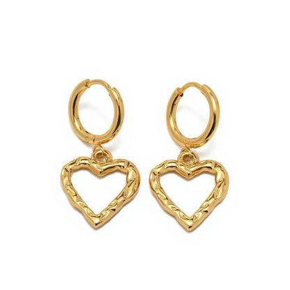 Heart Drop Hoop Earrings with Textured Open Heart Charm Feminine Jewelry