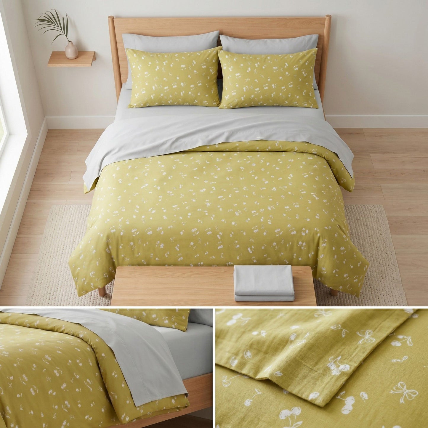 4-Piece Cotton Bedding Set with Cherry Print Duvet Cover and Pillowcases