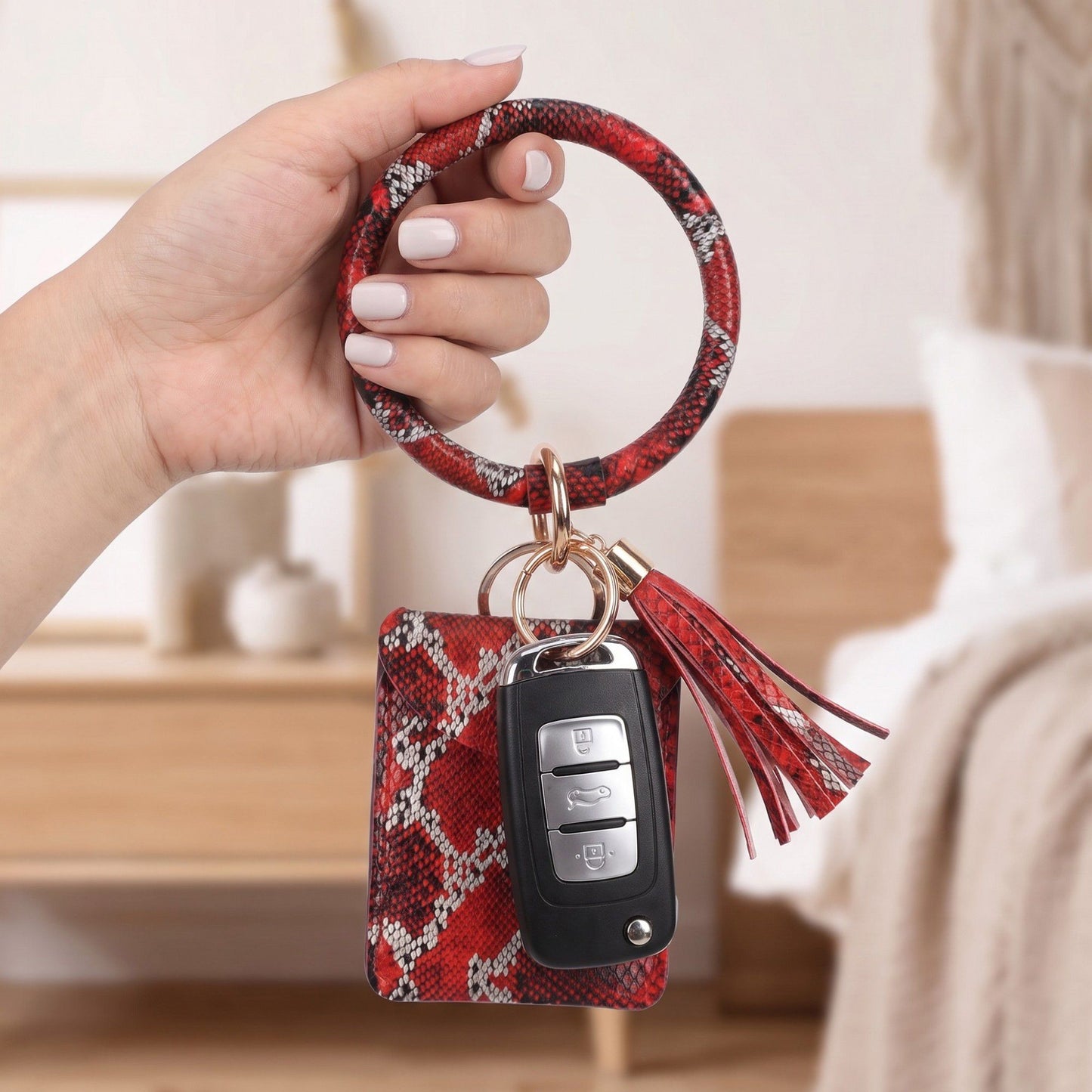 Womens Snakeskin Print Wristlet Keychain with Mini Pouch and Tassel