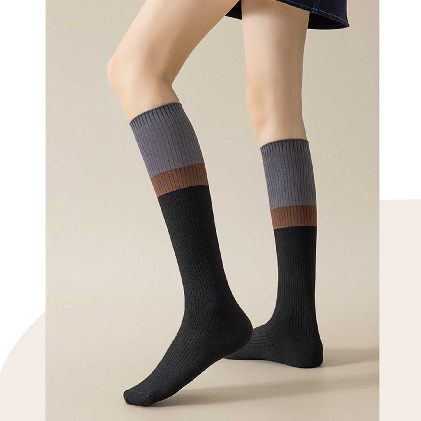 2-Pair Colorblock Knee-High Ribbed Socks with Stretch Fit Design