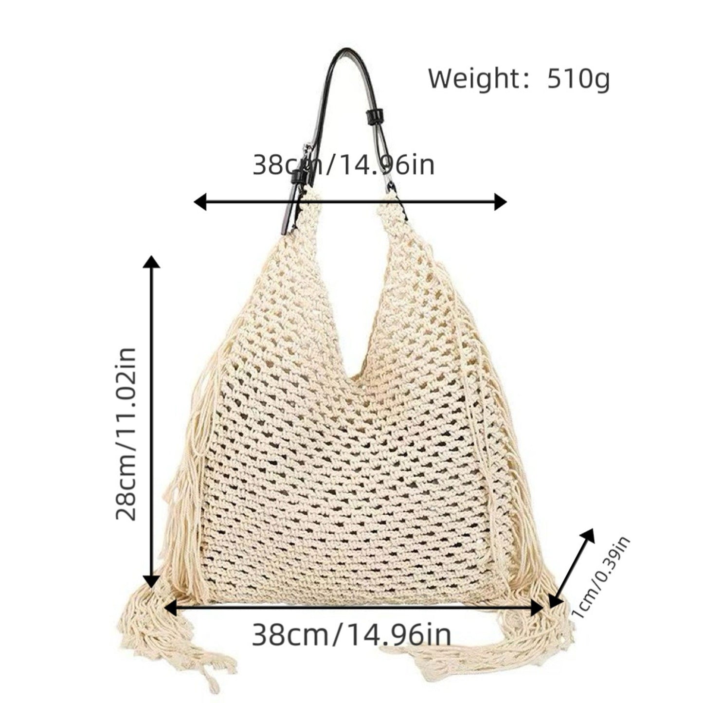 Woven Crochet Shoulder Bag with Fringe Detail Slouchy Hobo Style Lightweight Handbag