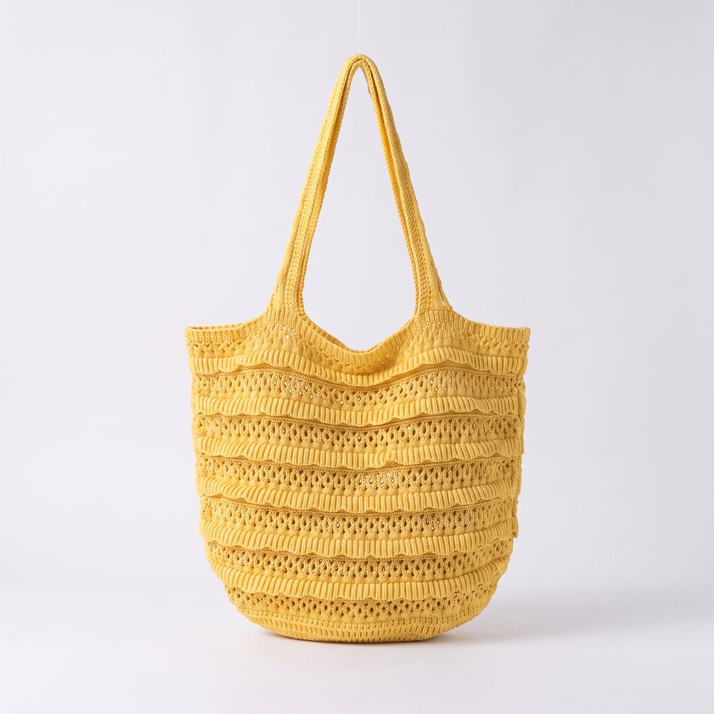 Crochet Knit Tote Bag with Openwork Ruffle Design and Long Handles