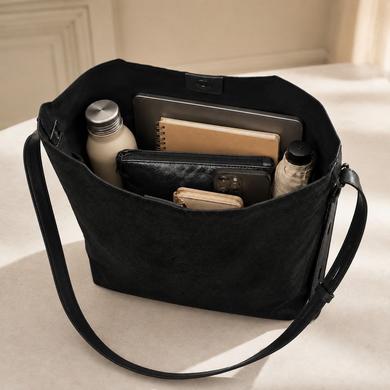 Faux Suede Shoulder Tote Bag with Removable Zip Pouch Adjustable Strap and Magnetic Closure