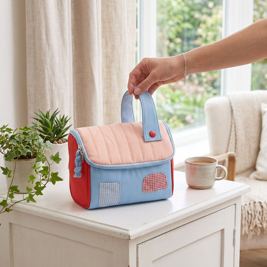Womens Quilted Makeup Bag with Handle and Colorblock Patch Design