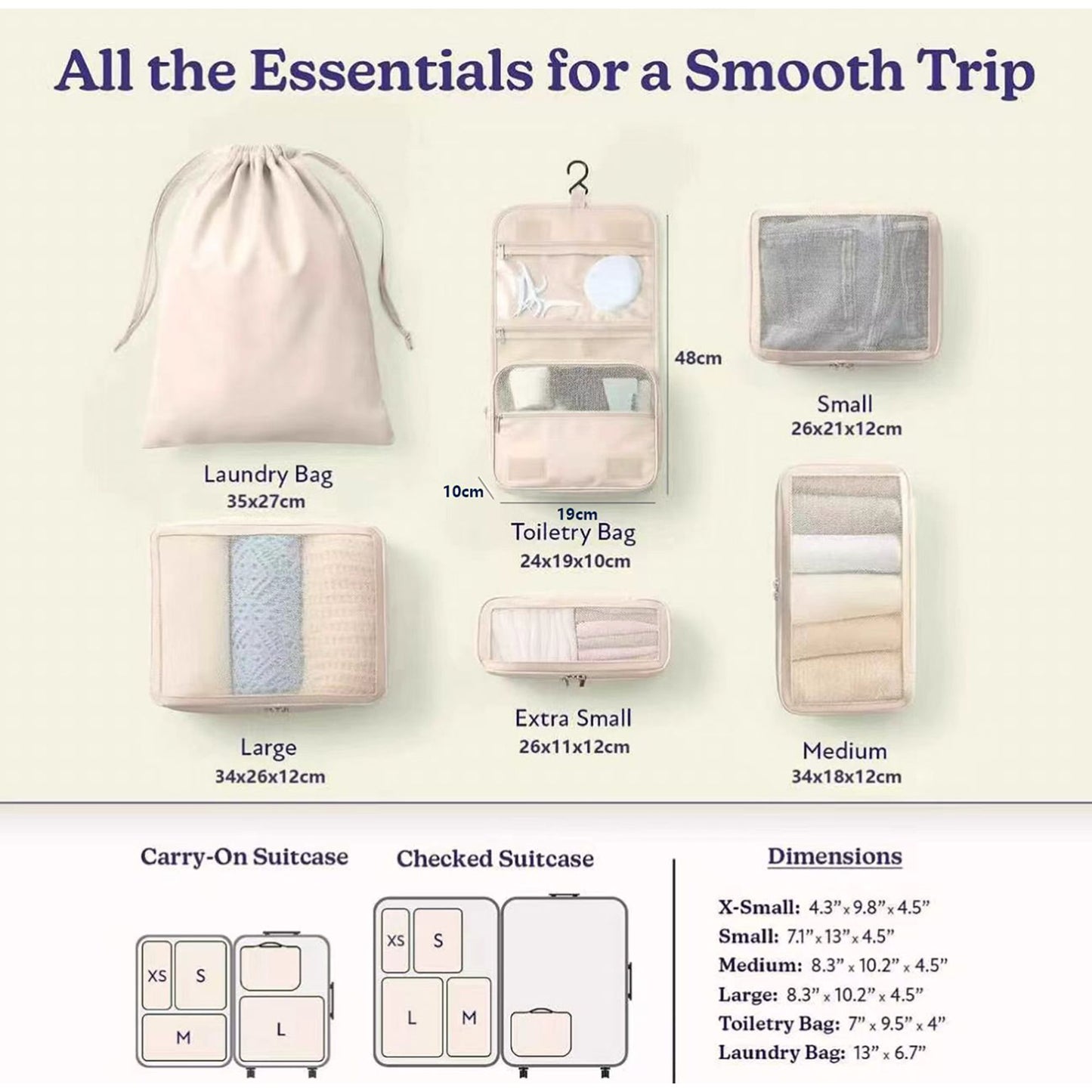 6 Piece Travel Packing Cube Set with Hanging Toiletry Bag