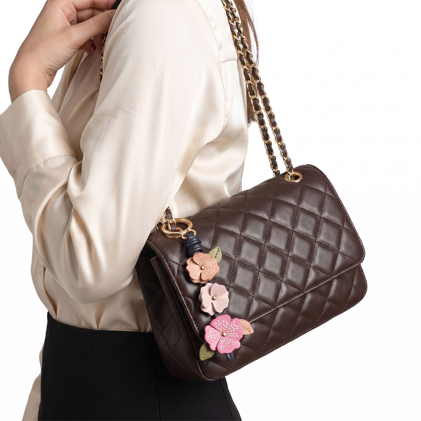 Floral Bag Charm with Three Dimensional Flowers and Key Ring