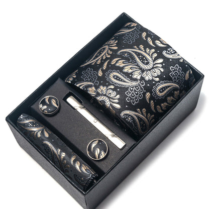 Men's Paisley Floral Tie Gift Set with Matching Pocket Square Cufflinks and Silver Tie Clip