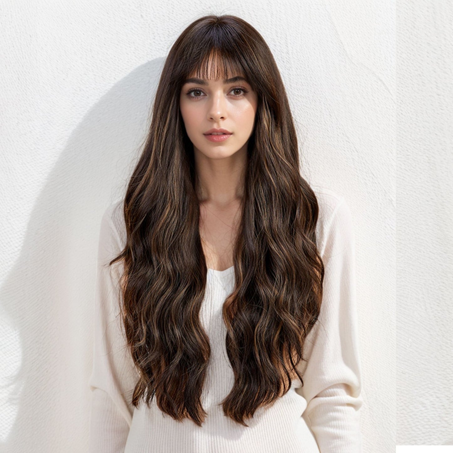 Long White Blonde Synthetic Wig with Bangs Natural Long Wavy Cosplay Wigs Daily Use