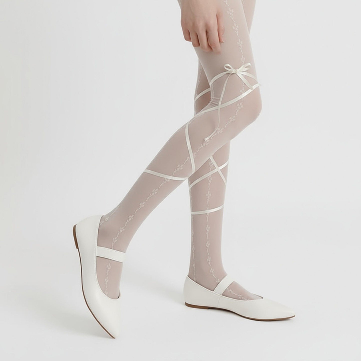 Sheer Lace Pattern Tights with Ribbon Bow Wrap Detail and Stretch Fit
